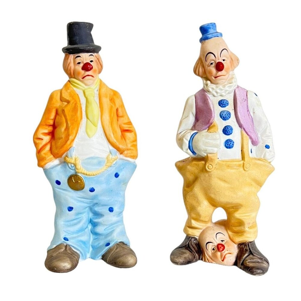 Vintage Ceramic Hobo 7" Clown Figurines Sad Top Hat Red Nose Worldwide Taiwan